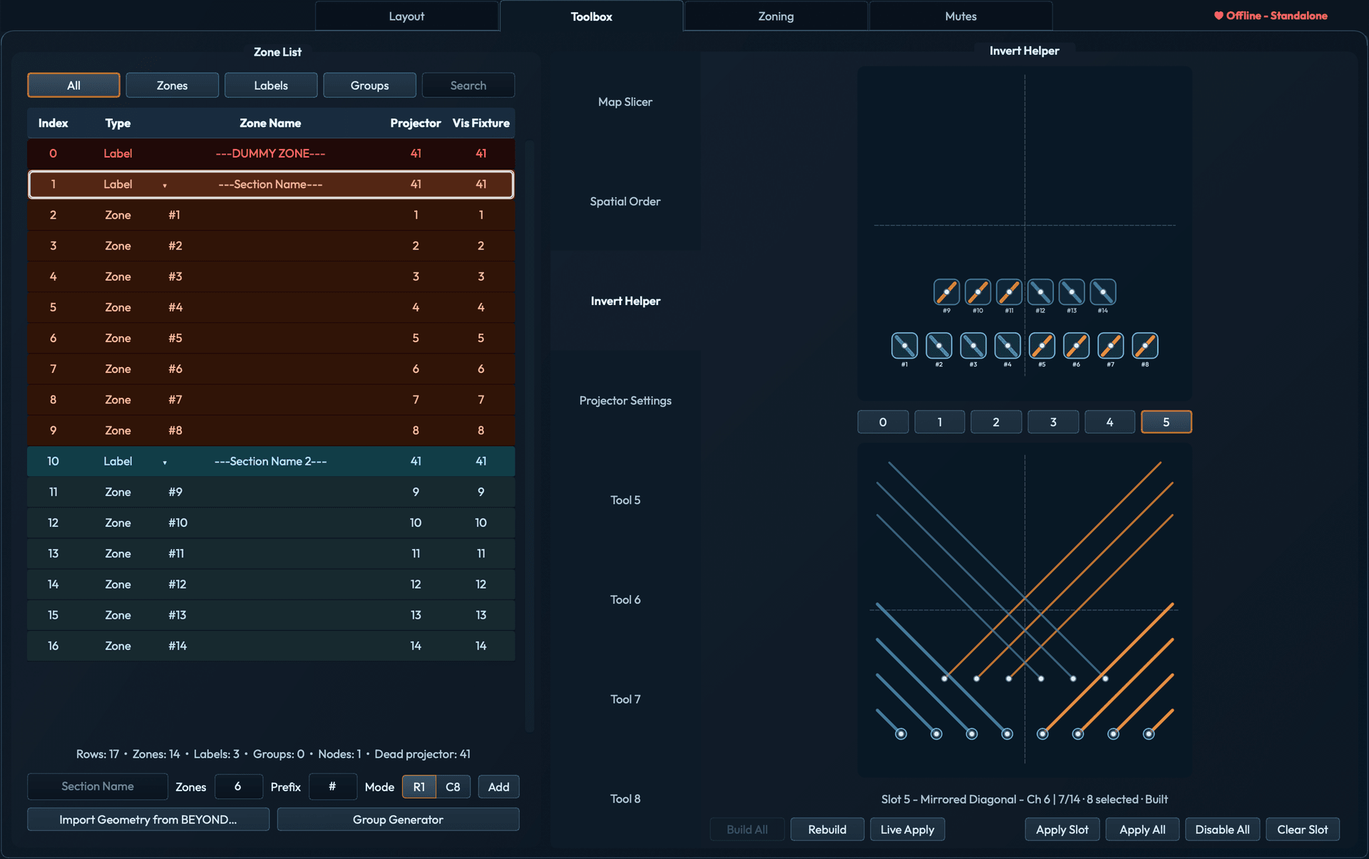 Invert Helper showing a geometry-based pattern assigned to one of six channel slots