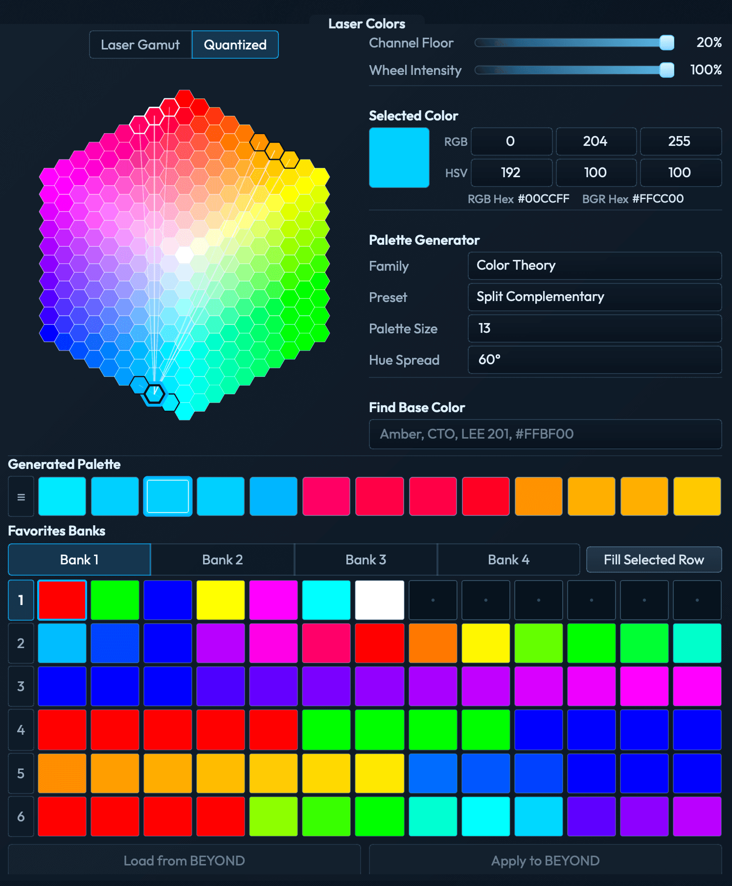 Laser Colors in Quantized mode with a hexagonal color grid, a split-complementary palette, and four Favorites banks.